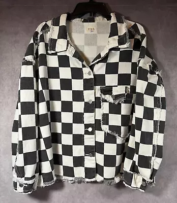 Buy POL Women's Denim Shirt Jacket Black & White Checkered - Medium • 35.05£