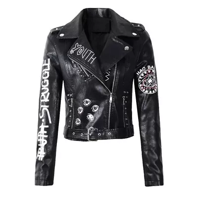 Buy Womens Genuine Leather Biker Jacket Button Studded Coat Short Moto Jacket • 35.99£
