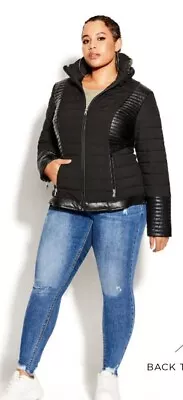 Buy Evans - City Chic - Sleek Puffer Jacket - Black - Size 16 - BNWT - RRP £75.00 • 29.99£