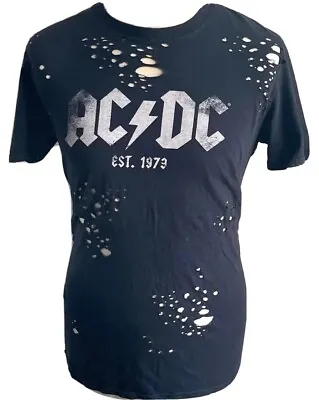 Buy AC/DC 1973 Black T-shirt Distressed / Holes By Design Immaculate Condition S/M • 10£