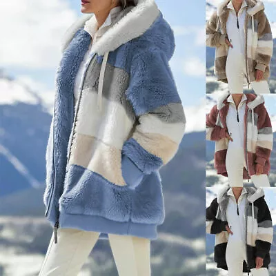 Buy Ladies Warm Fluffy Coat Fleece Hooded Jacket Color Matching Outwear Plush S-5XL • 22.79£