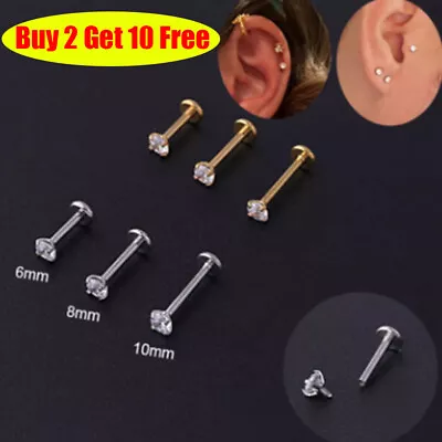 Buy 2+10 Stud Earring Piercing Zircon Gem Flat Back Push In Tragus Helix Cartilage • 2.60£