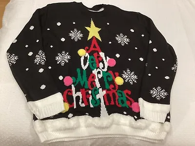 Buy Black Mix “A Very Merry Christmas” Jumper Size 22 Chest 48”/28”L + Pom Poms Vgc • 5.95£