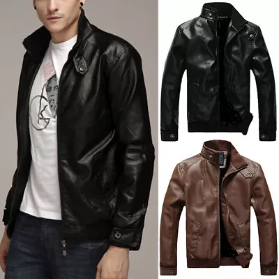 Buy Mens PU Leather Motorcycle Jacket Causal Vintage Pocket Zipper Slim Fit Coat • 16.88£