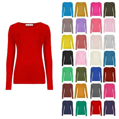 Buy Womens Long Sleeve Round Neck Plain Basic Ladies Stretch T-Shirt Top UK 8-26 • 5.99£