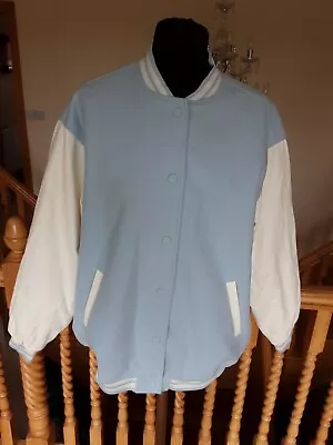 Buy  Devided H & M Blue Cream Faux Leather Sleeves Collage Baseball University S • 15£