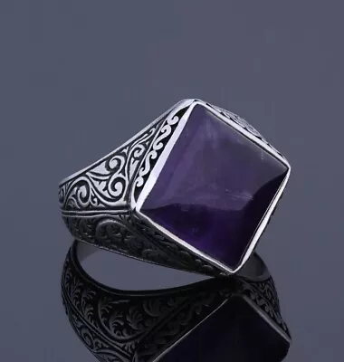 Buy Men Natural Amethyst Ring Alternative Promise Square Engraved 925 Silver Jewelry • 118.45£