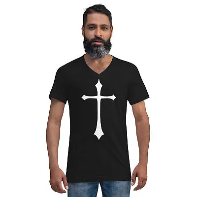 Buy White Gothic Medeival Holy Cross Unisex Short Sleeve V-Neck T-Shirt • 27.67£