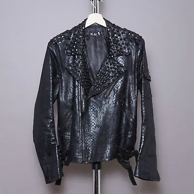 Buy BYTHER Biker Jacket Black Mens Snake Print Skin Studded Rock Goth Metal By The R • 250£