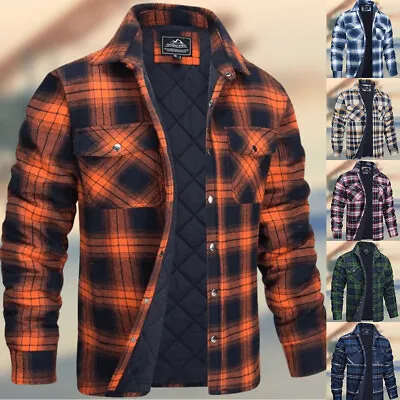 Buy Men Jacket Heavy Fleece Lined Sherpa Hoodie Plaid Flannel Lapel Sweatshirt Coat❤ • 11.59£