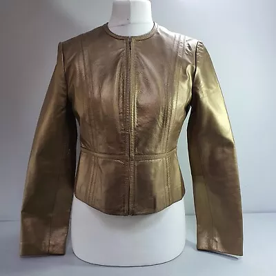 Buy M&S Gold Metallic Leather Jacket Smart Zip Up Glamourous Bolero Size 12 • 74.99£