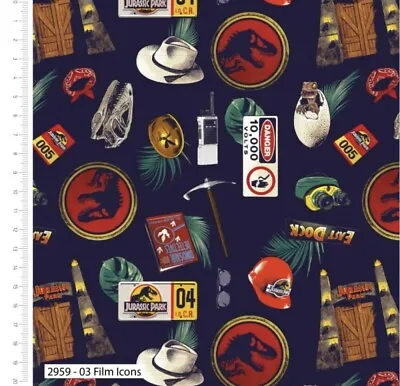 Buy 100% Cotton Fabric Jurassic Park Dinosaur Dino Film Icons Badges • 11.99£