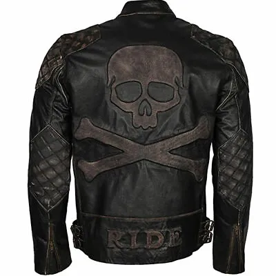 Buy Skull & Bones Black Distressed Vintage Motorcycle Leather Jacket Free Shipping • 75£