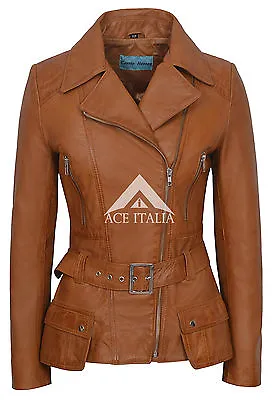 Buy 'FEMININE' Ladies Leather Jacket Tan Belted Chic Rock Real Leather Jacket 2812 • 103.78£