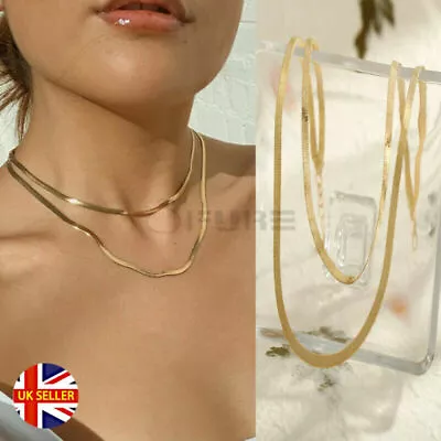 Buy Double Layer Necklace Choker Gold Filled Flat Herringbone Snake Chain Jewellery • 4.99£