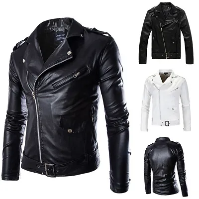 Buy Men British Style PU Leather Jacket Slim Biker Motorcycle Jacket Bomber Outwear • 11.99£