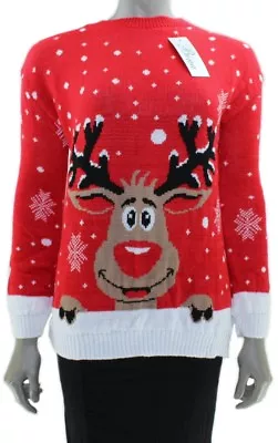 Buy Christmas Jumper RUDOLPH Reindeer Knit Fabric RED Oversized Fit Baggy | 38  • 8.09£