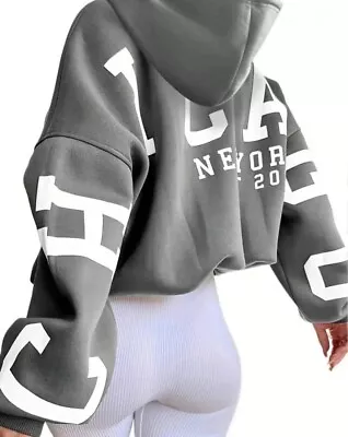 Buy Ladies Women’s Oversized Printed Grey Sweater Hoodie  BNWT NEW • 18.99£
