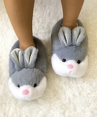 Buy Cute Grey Rabbit Ears Bunny Slippers Soft Plush Animal House Shoes Slip Ons • 28.41£