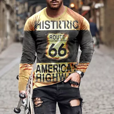 Buy Men's Route 66 Long Sleeve Crew Neck T-Shirt Printed Men's Casual Top • 15.59£