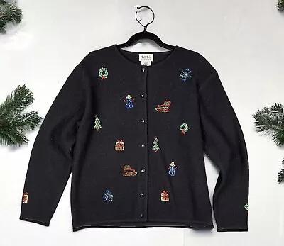 Buy VTG Size M Christmas Sweater Cardigan Black Wool Button Holiday Sequin Classic • 24.01£