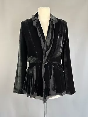 Buy Biba Black Silk Crushed Velvet Frill Trim Blazer Jacket UK 12 Steampunk • 59£