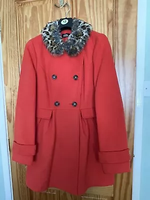Buy Bright Orange Winter Coat Leopard Print Fur Collar Size 12 Tortoise Buttons BNWT • 19.99£