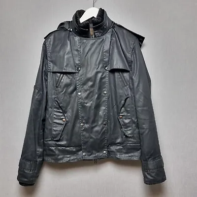 Buy Reiss Waxed Jacket Mens Large Biker Black Zip Utility Pockets Removable Hood • 65.99£
