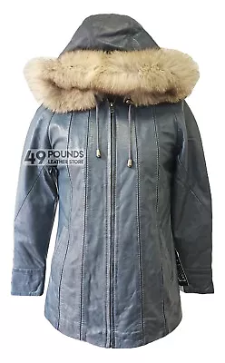 Buy Ladies Hooded Jacket Grey Fur Hooded Parka Hip Length Leather Jacket Isabella • 41.65£