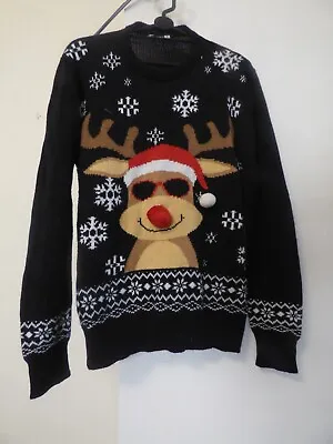 Buy Womens Black Round Neck Reindeer Pullover Jumper Size M Christmas Jumper • 4£