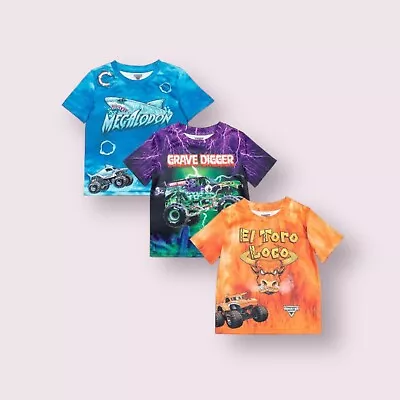 Buy Monster Jam Trucks Boys 3 Pack T-shirts Megalodon Grave Digger El Toro Loco 7-8 • 40.02£