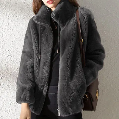 Buy Ladies Plain Zip Up Pocket Jacket Tops Womens Fleece Fluffy Stand-up Collar Coat • 11.20£