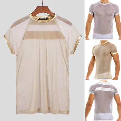 Buy Mens Short Sleeve Transparent Mesh Shiny T Shirts Slim Fit Disco Party Blouse UK • 3.84£