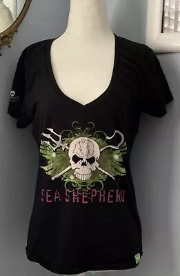 Buy SEA SHEPHERD T-Shirt Sz L V-Neck Cap Sleeves EUC Black Cotton Skull Jolly Roger • 28.94£