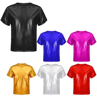 Buy Girls Boys Shiny Metallic Short Sleeve T-Shirts Jazz Hip Hop Street Dance Tops • 9.83£