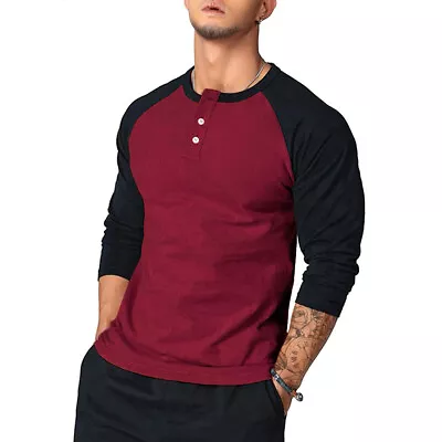 Buy Mens Long Sleeve Henley Raglan T Shirt Grandad Neck Contrast T-Shirt New Top • 17.26£