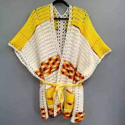 Buy VTG 70s Hand Crochet Granny Poncho Jacket Cardigan Womens OS Boho Hippie Belted • 72.05£