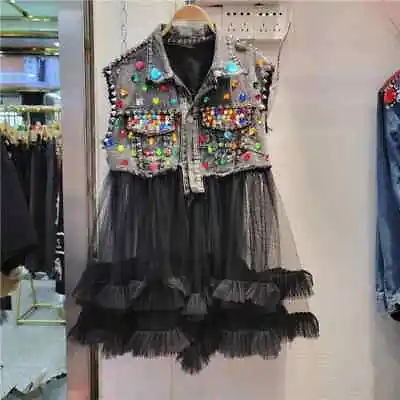 Buy Women Denim Vest Rivet Bead Diamond Slim Fit Sleeveless Denim Jacket Female • 103.25£