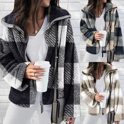 Buy Plus Size Women Fleece Fur Check Coat Jacket Zip Up Winter Warm Outwear Overcoat • 12.99£