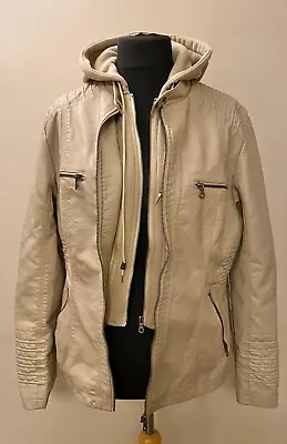 Buy Faux Leather Cream Ladies Biker Jacket With Removable Jersey Hood 16 L. Bnwot • 19.99£
