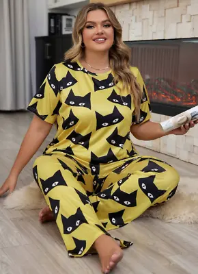 Buy Pyjama  Plus Size 18 20 22 24 Yellow Black Cat Print Stretch Loungewear Comfort • 11.90£