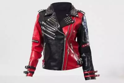 Buy Women Red And Black Leather Studded Jacket, Celebrity Fashion Leather Jacket • 234.27£