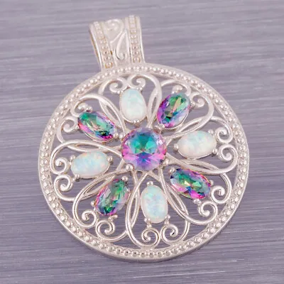 Buy White Fire Opal Mystic Topaz Hollow Round Silver Jewellery Pendant Necklace • 4.30£