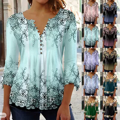 Buy Ladies V Neck Button Tee Shirts Blouse Summer Floral Prints Tops Plus Size 6-24 • 13.06£