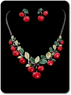 Buy Jewelry Set Necklace Earrings Cherry Rockabilly Set Lolita Studs Enamel • 10.36£