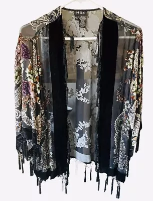 Buy 🖤MSK Gypsy Black Sheer Velvet Burnout Soft Beaded  Floral Kimono W/Tassels L🖤 • 56.03£