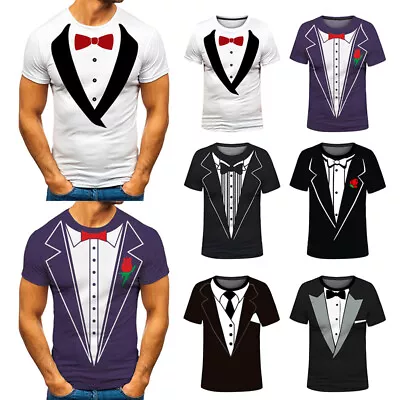 Buy Mens Fake Suit Vest 3D Printed T-Shirt Funny Fake Suit Tuxedo Bow Tie Shirts Top • 11.99£