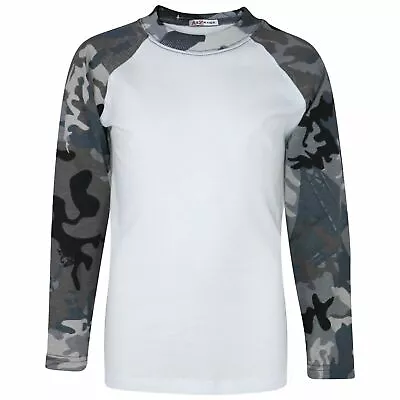 Buy Kids Girls Camo Charcoal T Shirts Plain American Baseball Long Raglan Sleeve Top • 4.99£