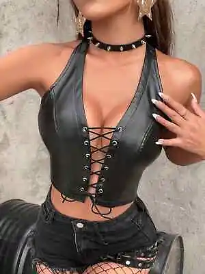 Buy Sexy Lace Up Front Backless PU Leather Black Halter Top Party Clubwear Biker US • 21.09£
