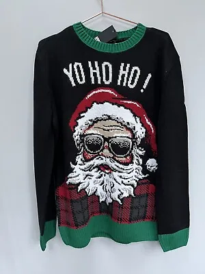 Buy Christmas Jumper Mens Medium Black Santa Knitted Holiday Sweater • 18.50£